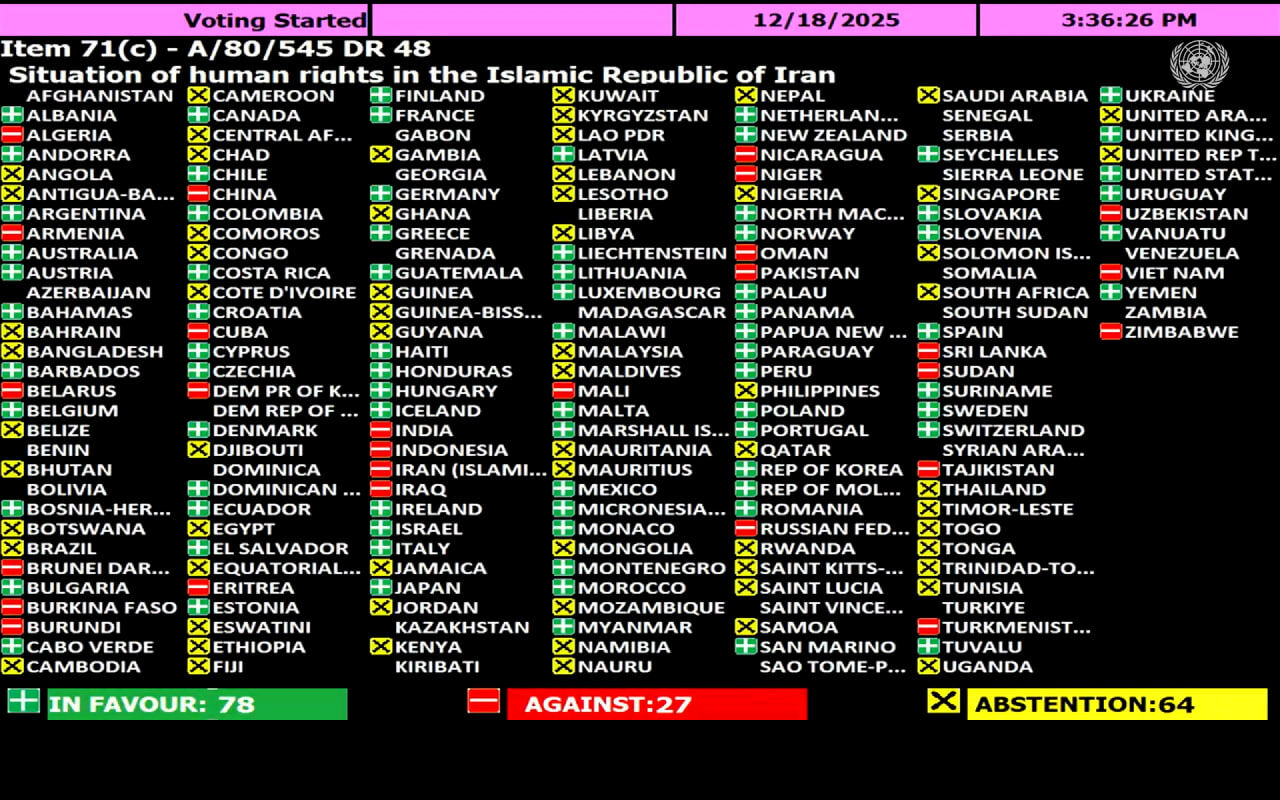قطعنامه ضد ایرانی حقوق بشری کانادا در مجمع عمومی سازمان ملل تصویب شد